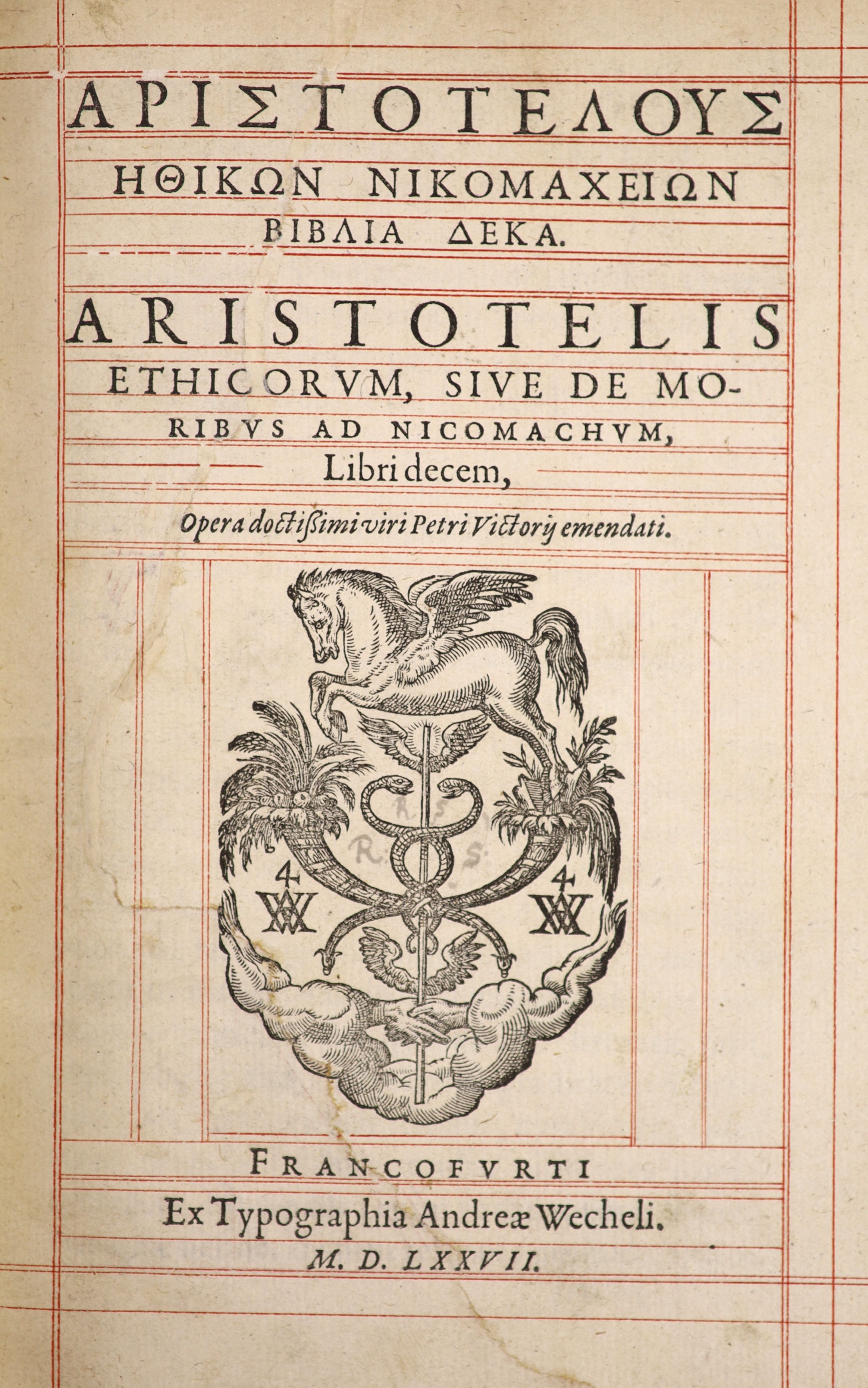 Aristotle (Gk. title) Ethicorum, sive de Moribus ad Nicomachum ... (8 ex 12), 192pp; engraved title device